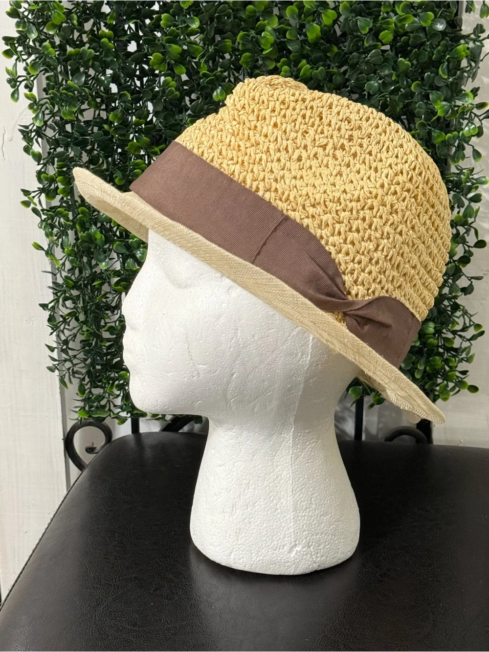 Linen and Straw Cloche Hat with Brown Ribbon
